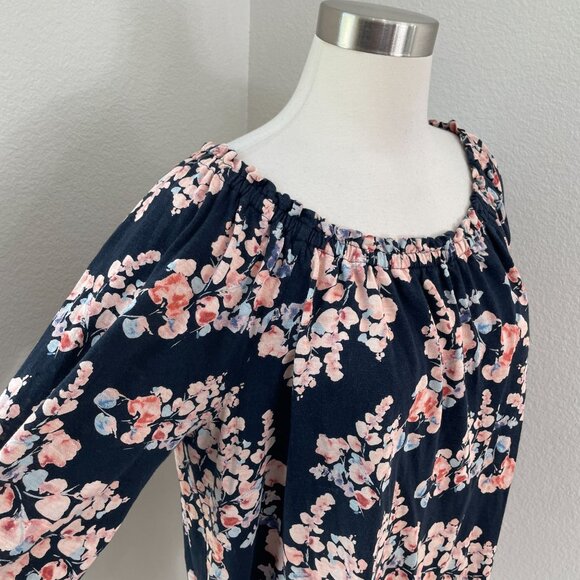 J Jill Womens XL Petite Navy Floral Off Shoulder Top 3/4 Sleeve Blouse Shirt - Picture 2 of 9